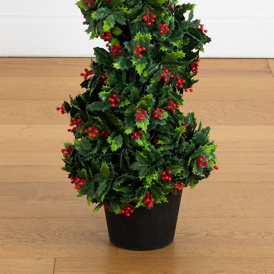 Nearly Natural 3ft. Pre-Lit UV Resistant Artificial Holly Berry Christmas Spiral Tree, Warm White Lights